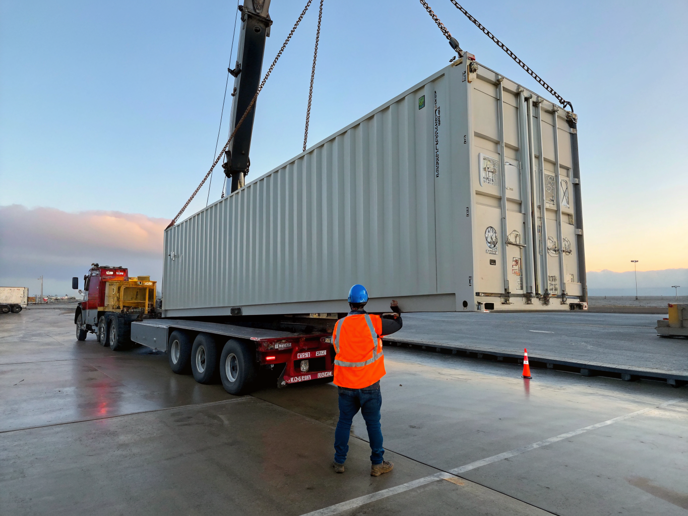 Operasional derek pelabuhan mengangkat kontainer logistik dengan aman
